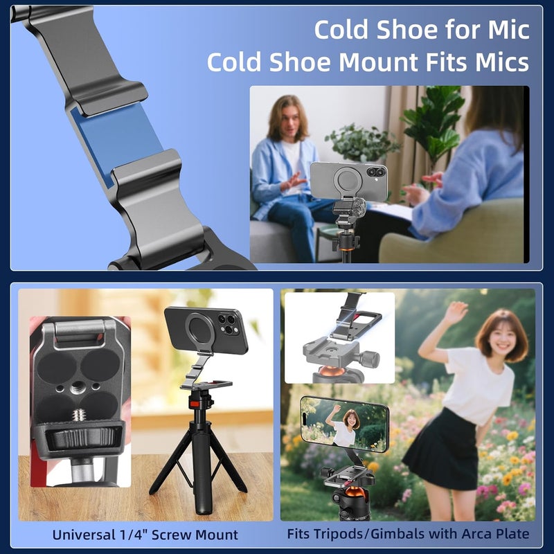 BRDRC Magnetic Phone Mount for MagSafe, Maglock Tripod Adapter Magnet Golf Gym Workout Stand Metal Carabiner Dual Holder with 1/4 Screw Hole, for iPhone 16 15 14 13 12 Series Foldable Portable Accessories - Image 3